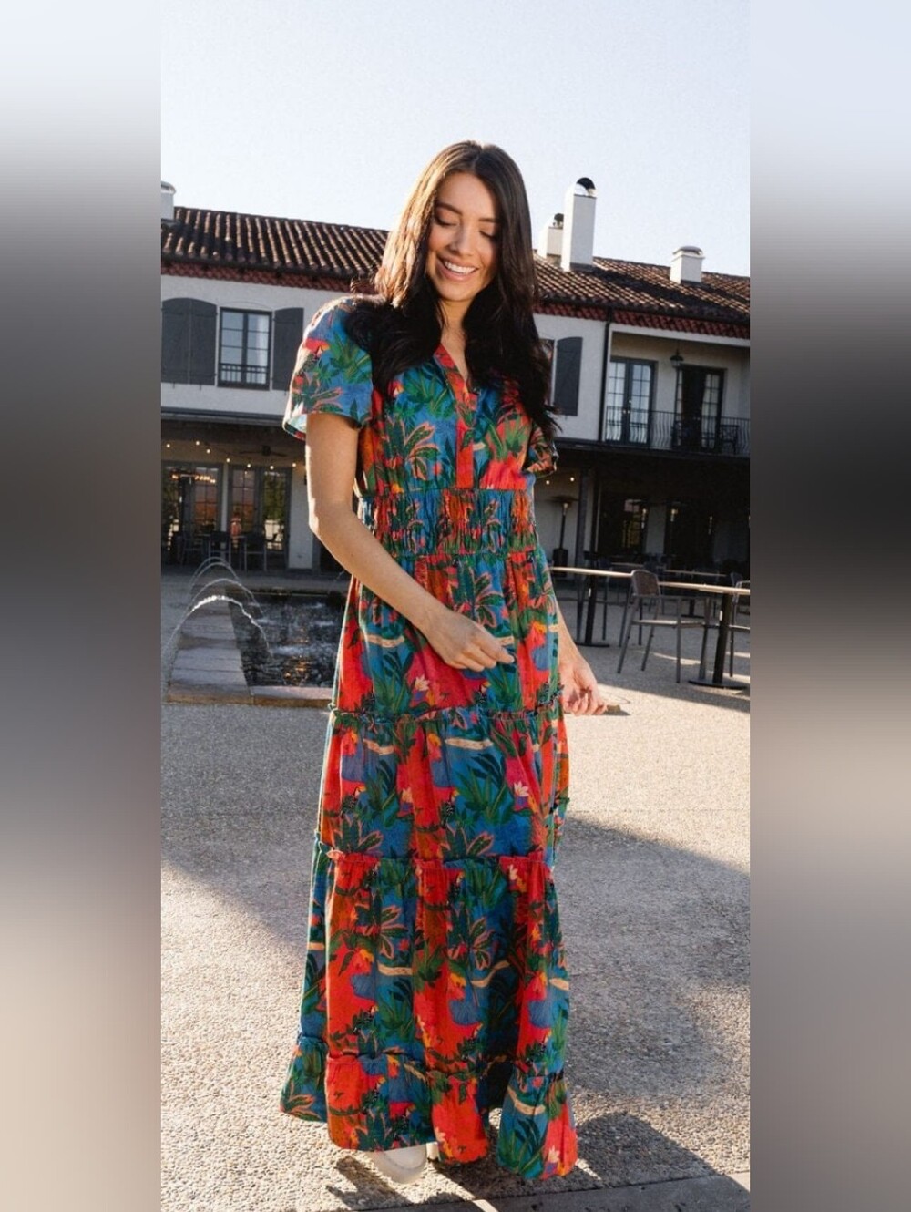 Briton Court Toucan Floral Tiered Maxi Dress - Multicolor XL PTP 22